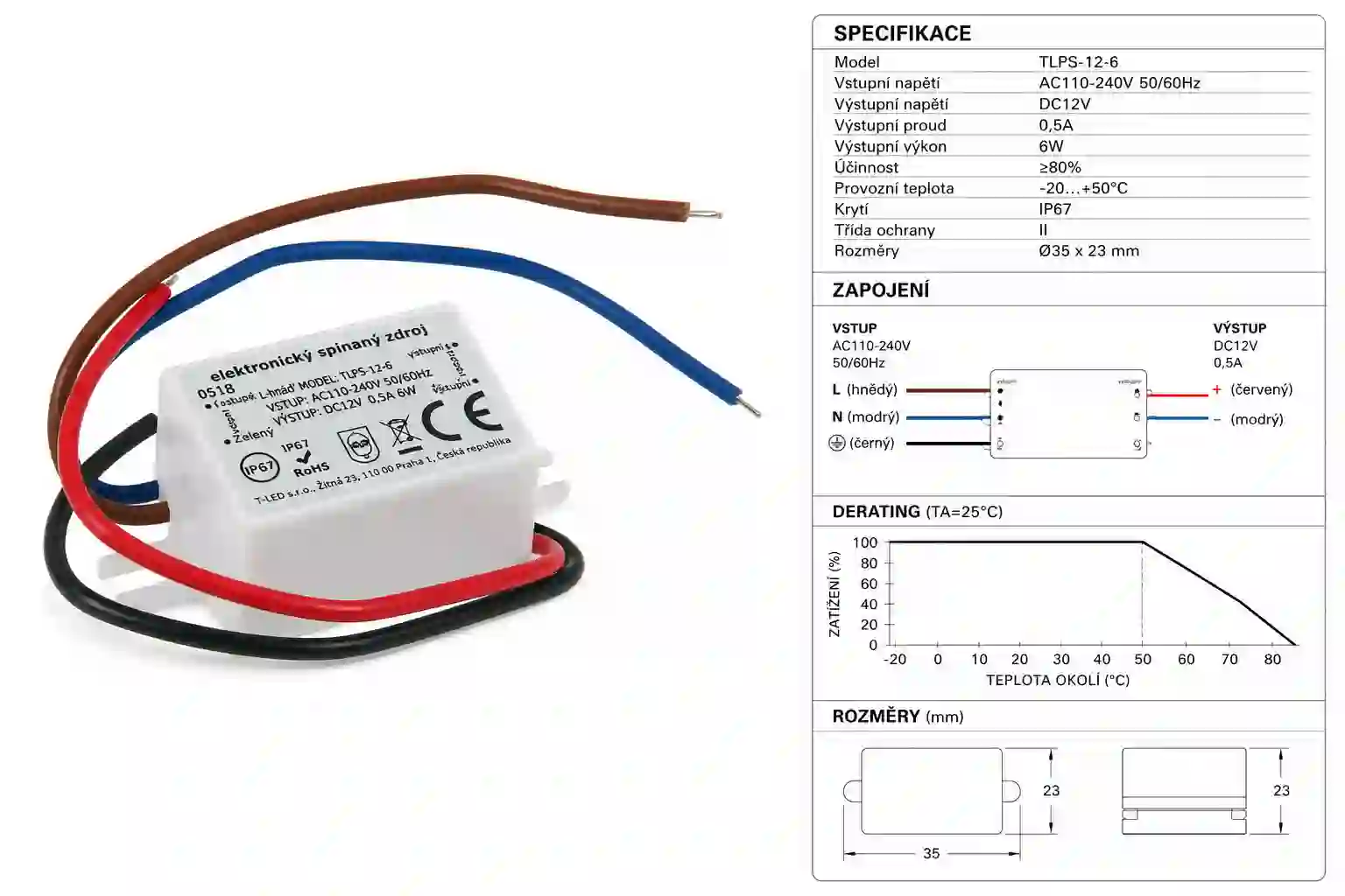 Stabilní výkon a účinnost LED napájecího zdroje 12V 6W 0,5A IP67 s doporučeným zatížením